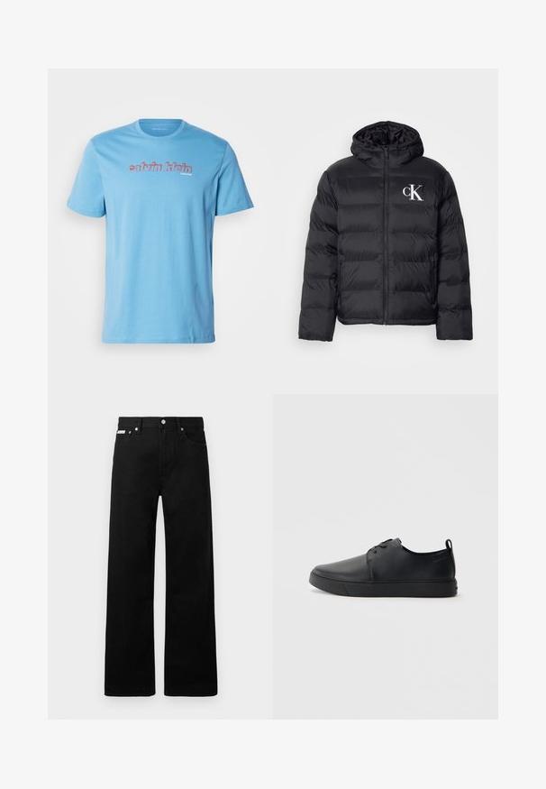Casaco puffer preto com fecho frontal, capuz e logótipo "CK" branco. Apresenta um design acolchoado e uma textura suave e brilhante.; T-shirt de algodão azul claro com mangas curtas e decote redondo, apresentando um ousado logotipo "calvin klein" em vermelho atravessando o peito.; Calças de ganga pretas com um design de pernas largas, apresentando cinco bolsos e fechos metálicos. Textura suave, sem padrões visíveis.; Sapatilha de couro preta com um acabamento liso, bico arredondado, costura ton sur ton, frente com atacadores e sola plana de borracha. Alça no calcanhar.