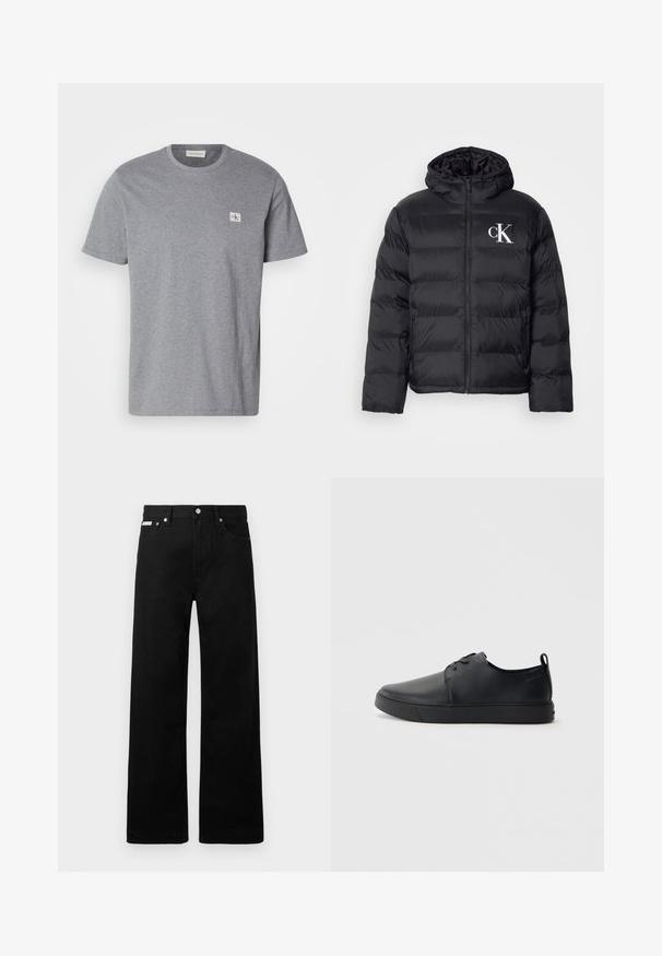 Črni puffjakna z zadrgo spredaj, kapuco in belim logotipom "CK". Ima prešito zasnovo in gladko, sijočo teksturo.; Siva majica iz mešanice bombaža, z obročastim izrezom, kratkimi rokavi in majhnim CK logotipom na levi prsni strani.; Črne jeans hlače širokega kroja, z petimi žepi in kovinskimi gumbi. Gladka tekstura, brez vidnih vzorcev.; Črne usnjene športne čevlje z gladko površino, okroglo oblikovano nosilo, toniranim šivanjem, vezanjem spredaj in ravnim gumijastim podplatom. Zanko na peti.