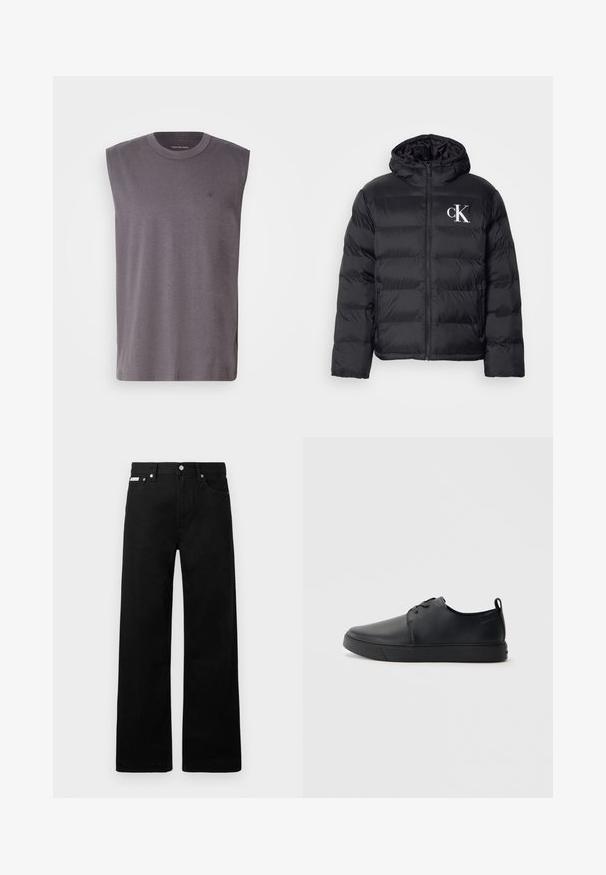Črni puffjakna z zadrgo spredaj, kapuco in belim logotipom "CK". Ima prešito zasnovo in gladko, sijočo teksturo.; Brezrokavna siva majica z rahlim izrezom iz mešanice mehkega bombaža, z okroglim izrezom in subtilnim logotipom na prsih. Gladka tekstura, sproščen kroj.; Črne jeans hlače širokega kroja, z petimi žepi in kovinskimi gumbi. Gladka tekstura, brez vidnih vzorcev.; Črne usnjene športne čevlje z gladko površino, okroglo oblikovano nosilo, toniranim šivanjem, vezanjem spredaj in ravnim gumijastim podplatom. Zanko na peti.