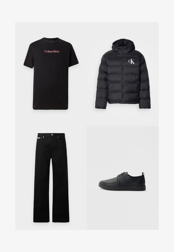 Črni puffjakna z zadrgo spredaj, kapuco in belim logotipom "CK". Ima prešito zasnovo in gladko, sijočo teksturo.; Črn kratkohlačnik s kratkimi rokavi iz bombaža, s središčno Calvin Klein logotipom v rdeči in beli barvi, z okroglim izrezom in sproščenim krojem.; Črne jeans hlače širokega kroja, z petimi žepi in kovinskimi gumbi. Gladka tekstura, brez vidnih vzorcev.; Črne usnjene športne čevlje z gladko površino, okroglo oblikovano nosilo, toniranim šivanjem, vezanjem spredaj in ravnim gumijastim podplatom. Zanko na peti.