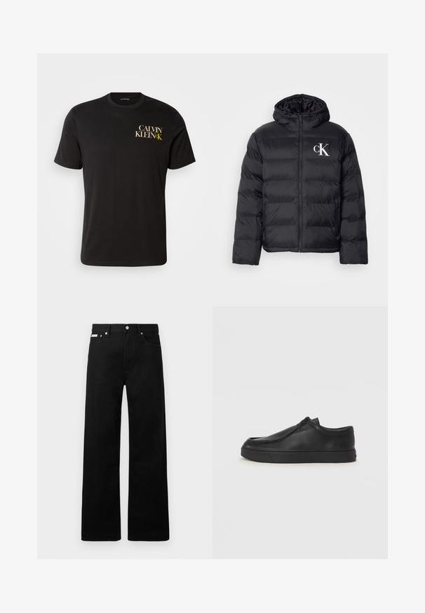 Casaco puffer preto com fecho frontal, capuz e logótipo "CK" branco. Apresenta um design acolchoado e uma textura suave e brilhante.; T-shirt de algodão preto com mangas curtas, apresentando uma impressão em dourado e branco no lado esquerdo do peito com o texto "CALVIN KLEIN CK." Decote clássico em forma de crew.; Calças de ganga pretas com um design de pernas largas, apresentando cinco bolsos e fechos metálicos. Textura suave, sem padrões visíveis.; Sapata slip-on de couro preto com biqueira arredondada, detalhes cosidos e sola de borracha preta. Textura suave com design minimalista.