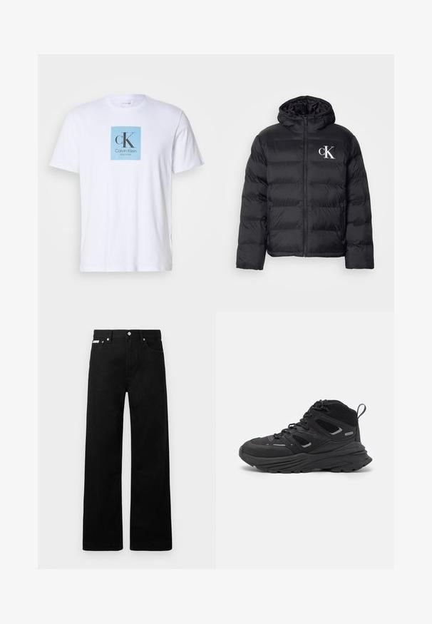 Zwarte pufferjack met een ritssluiting aan de voorkant, een capuchon en een witte "CK"-logo. Heeft een gewatteerd ontwerp en een gladde, glanzende textuur.; Witte T-shirt met korte mouwen met een lichtblauw vierkant op de borst met de tekst "cK Calvin Klein New York" logo.; Zwarte spijkerbroek met een wijd uitlopende pasvorm, voorzien van vijf zakken en metallic knopen. Gladde textuur, geen zichtbare patronen.; Zwarte wandelschoenen met een gelaagd ontwerp, textiele stof en rubberen zool, met verstevigde delen en een vetersluiting aan de voorkant.