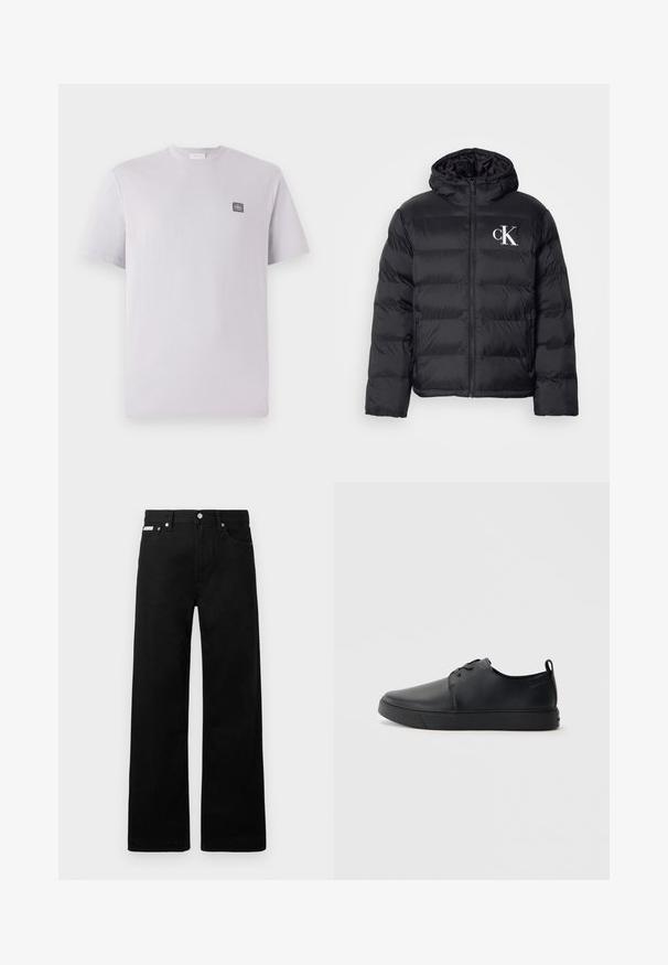 Geacă puffer neagră cu fermoar frontal, glugă și logo alb "CK". Prezintă un design matlasat și o textură netedă, lucioasă.; Tricou scurt cu mânecă scurtă, de culoare lavandă deschisă, confecționat din bumbac, cu guler rotund și un mic patch cu un logo închis la culoare pe pieptul stâng. Textură netedă.; Pantaloni din denim negri cu un design cu picioare largi, având cinci buzunare și accesorii metalice pentru butoane. Textură netedă, fără modele vizibile.; Sneakers din piele neagră cu un finisaj neted, vârf rotund, cusături tonale, șireturi în față și o talpă plată din cauciuc. Buclă la călcâi.