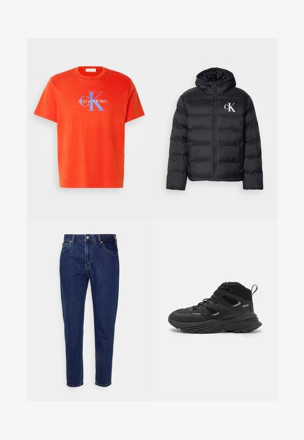 Casaco puffer preto com fecho frontal, capuz e logótipo "CK" branco. Apresenta um design acolchoado e uma textura suave e brilhante.; T-shirt de algodão vermelho com mangas curtas, apresentando um logótipo azul "Calvin Klein" e o design "CK" na frente. Decote simples em crew neck.; Jeans de denim azul escuro com um corte reto, cinco bolsos e fecho de botão. Apresenta desbotamento sutil e detalhes de costura.; Botas de caminhada pretas com um design em camadas, tecido texturizado e sola de borracha, com áreas reforçadas e atacadores na frente.