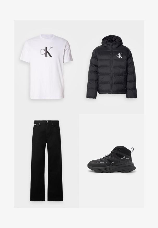 Čierna páperová bunda s predným zipsom, kapucňou a bielym logom "CK". Má prešívaný dizajn a hladkú, lesklú textúru.; Biele bavlnené tričko s výrazným čiernym logom 'cK' v tučnom písmene na prednej strane. Krátke rukávy a klasický okrúhly výstrih.; Čierne džínsy s širokými nohavicami, obsahujúce päť vreciek a kovové zapínanie. Hladká textúra, bez viditeľných vzorov.; Čierne turistické topánky s vrstveným dizajnom, textúrovaným materiálom a gumovou podrážkou, so zosilnenými miestami a šnurovaním vpredu.