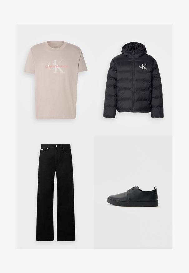 Čierna páperová bunda s predným zipsom, kapucňou a bielym logom "CK". Má prešívaný dizajn a hladkú, lesklú textúru.; Béžové bavlnené tričko s okrúhlym výstrihom a krátkymi rukávmi, s jemným bielym a ružovým logom "Calvin Klein Jeans" na prednej strane.; Čierne džínsy s širokými nohavicami, obsahujúce päť vreciek a kovové zapínanie. Hladká textúra, bez viditeľných vzorov.; Čierne kožené tenisky s hladkým povrchom, zaoblenou špičkou, tonálnym šitím, šnurovaním vpredu a plochou gumovou podrážkou. Obojok na päte.