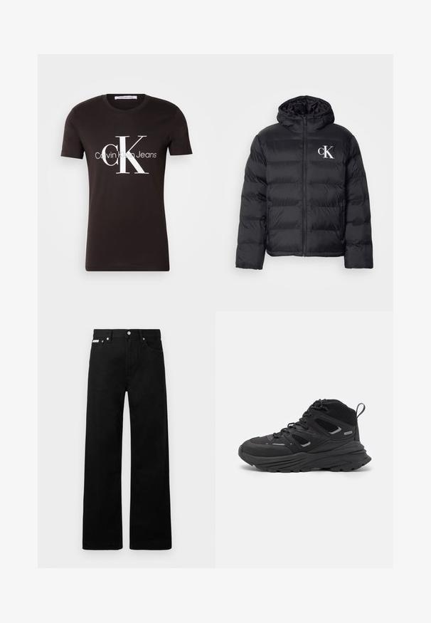 Melnā pūkainā jaka ar rāvējslēdzēja priekšpusi, kapuci un baltu "CK" logotipu. Iezīmējas ar kvadrātveida dizainu un gludu, spīdīgu tekstūru.; Melnā kokvilnas T-kreklā ir liels balts "CK" logo un zem tā modernā fontā rakstīts "Calvin Klein Jeans". Īsas piedurknes un apaļa apkakle.; Melni džinsi ar platajiem bikšu dizainu, ar piecām kabatām un metāla pogām. Gluda tekstūra, bez redzamām rakstu detaļām.; Melnas pārgājienu kurpes ar slāņotu dizainu, teksturētu audumu un gumijas zoli, ar nostiprinātām vietām un auklām priekšā.