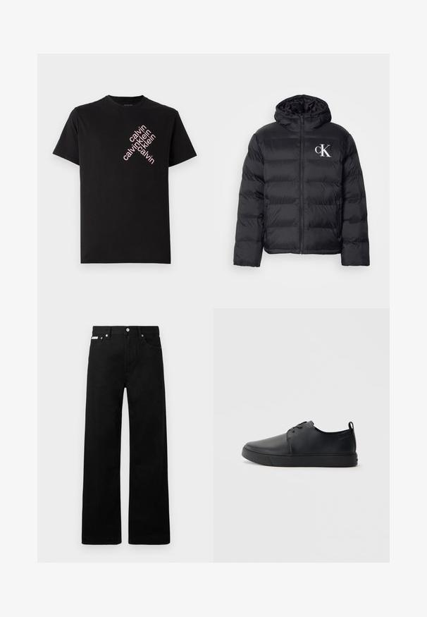 Črni puffjakna z zadrgo spredaj, kapuco in belim logotipom "CK". Ima prešito zasnovo in gladko, sijočo teksturo.; Črna bombažna majica s kratkimi rokavi, ki ima diagonalno roza logotip "calvin klein" natisnjen na sprednji strani. Ima okroglo izrez.; Črne jeans hlače širokega kroja, z petimi žepi in kovinskimi gumbi. Gladka tekstura, brez vidnih vzorcev.; Črne usnjene športne čevlje z gladko površino, okroglo oblikovano nosilo, toniranim šivanjem, vezanjem spredaj in ravnim gumijastim podplatom. Zanko na peti.
