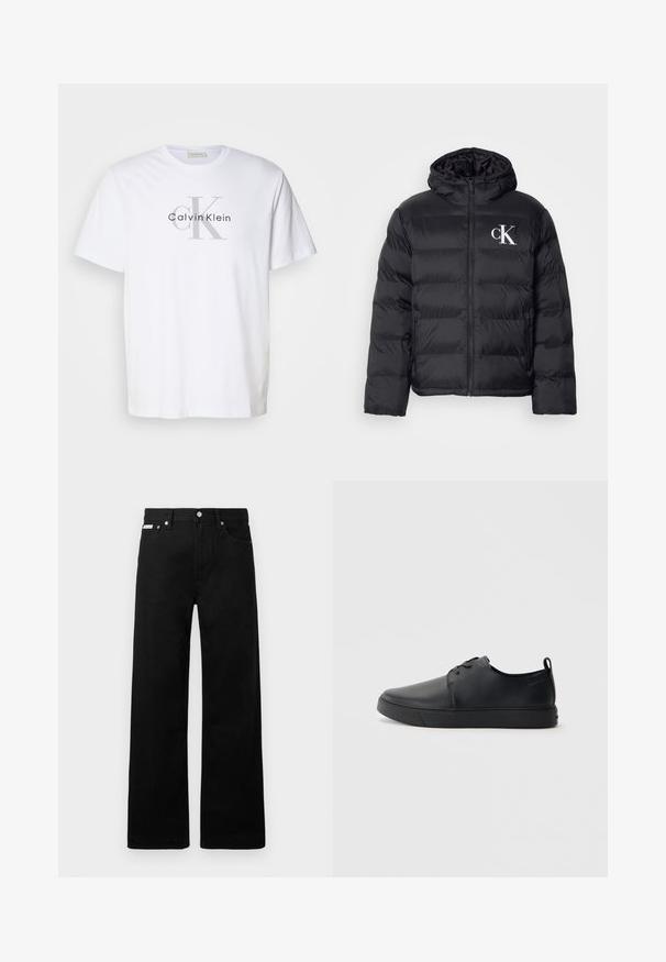 Black puffer jacket with a zip front, hood, and white "CK" logo. Features a quilted design and smooth, shiny texture.; White cotton t-shirt featuring a grey "Calvin Klein" logo with the initials "ck" prominently displayed. Standard crew neck design.; Black denim pants with a wide-leg design, featuring five pockets and metallic button hardware. Smooth texture, no visible patterns.; Black leather sneaker with a smooth finish, rounded toe, tonal stitching, lace-up front, and a flat rubber sole. Loop at the heel.