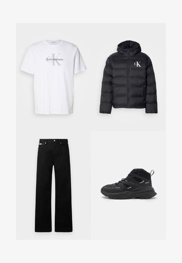 Černá péřová bunda s předním zipem, kapucí a bílým logem "CK". Obsahuje prošívaný design a hladký, lesklý povrch.; Bílý bavlněný tričko s šedým logem "Calvin Klein" a výrazně zobrazenými iniciály "ck". Standardní design s kulatým výstřihem.; Černé denimové kalhoty s širokým střihem, s pěti kapsami a kovovými knoflíky. Hladký povrch, bez viditelných vzorů.; Černé turistické boty s vrstveným designem, texturovanou látkou a gumovou podešví, se zesílenými částmi a šněrovacím uzávěrem.
