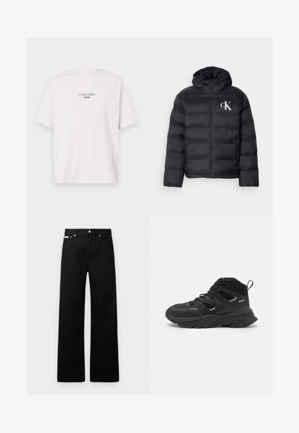 Zwarte pufferjack met een ritssluiting aan de voorkant, een capuchon en een witte "CK"-logo. Heeft een gewatteerd ontwerp en een gladde, glanzende textuur.; Lichtroze katoenen t-shirt met korte mouwen, met het tekstlogo "Calvin Klein JEANS" gecentreerd op de borst tegen een effen achtergrond.; Zwarte spijkerbroek met een wijd uitlopende pasvorm, voorzien van vijf zakken en metallic knopen. Gladde textuur, geen zichtbare patronen.; Zwarte wandelschoenen met een gelaagd ontwerp, textiele stof en rubberen zool, met verstevigde delen en een vetersluiting aan de voorkant.