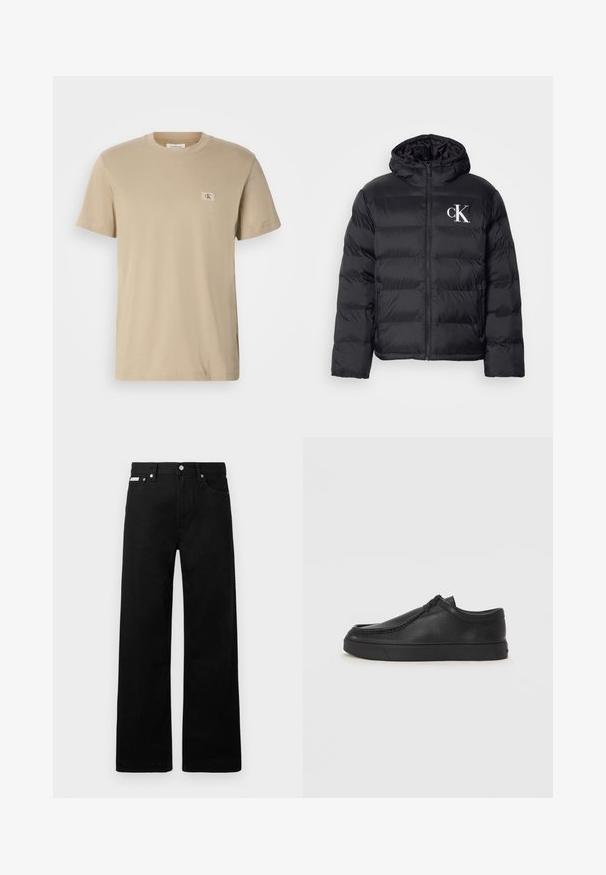 Mustat untuvatakki, jossa on vetoketjullinen etuosa, huppu ja valkoinen "CK"-logo. Takissa on tilkkutäkkikuvio ja sileä, kiiltävä pinta.; Beige puuvillane T-särk ümarate kaelustega, lühikeste varrukatega ja väikese ristküliku kujulise logotäpiga vasakul rinnal. Sile tekstuur.; Mustat farkut leveällä lahkeella, joissa on viisi taskua ja metalliset napit. Sileä pinta, ei näkyviä kuvioita.; Musta nahkainen slip-on-kengät pyöristetyllä varvalla, tikattu yksityiskohta ja musta kumipohja. Sileä pinta ja minimalistinen muotoilu.