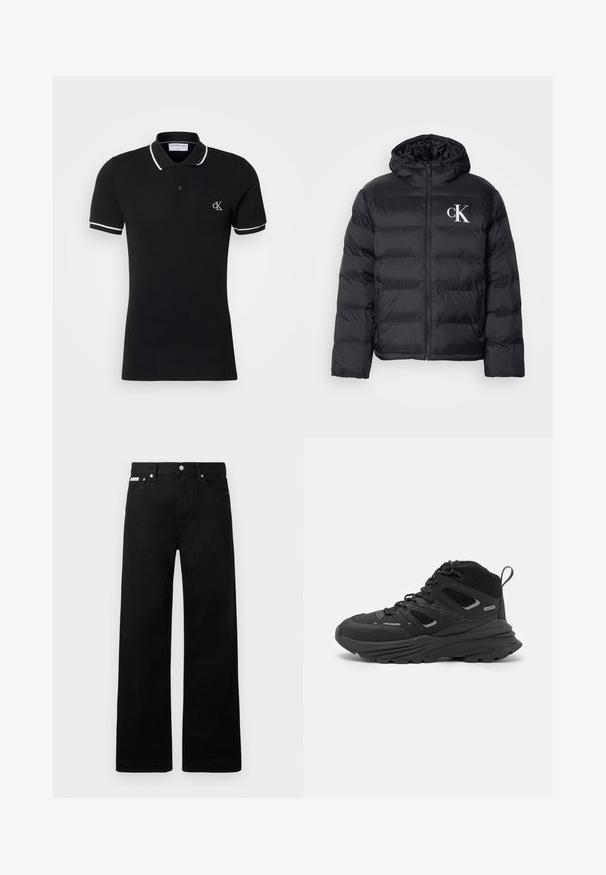 Černá péřová bunda s předním zipem, kapucí a bílým logem "CK". Obsahuje prošívaný design a hladký, lesklý povrch.; Černé polo tričko vyrobené z bavlny, s mírným elastickým efektem, s bílým límcem a lemy rukávů a malým logem na hrudi.; Černé denimové kalhoty s širokým střihem, s pěti kapsami a kovovými knoflíky. Hladký povrch, bez viditelných vzorů.; Černé turistické boty s vrstveným designem, texturovanou látkou a gumovou podešví, se zesílenými částmi a šněrovacím uzávěrem.