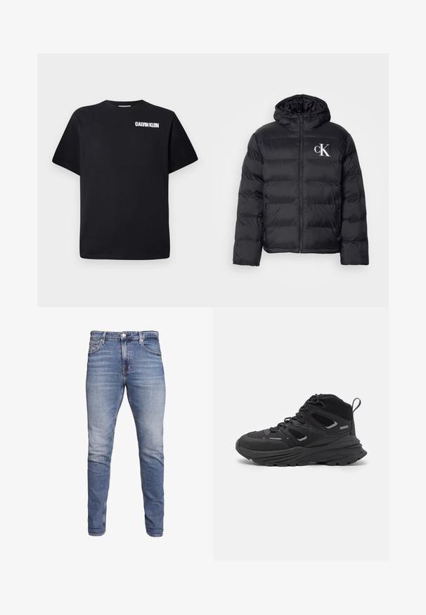Svart pufferjakke med glidelås foran, hette og hvit "CK" logo. Har en quiltet design og en glatt, skinnende tekstur.; Svart bomulls t-skjorte med rund hals, korte ermer og en hvit "CALVIN KLEIN" logo trykket på øvre venstre side.; Blå tettsittende jeans med fem lommer, falmet vask, knappelukking og beltehemper, vist mot en hvit bakgrunn.; Sorte tursko med en lagdelt design, teksturert stoff og gummisåle, med forsterkede områder og snøring foran.