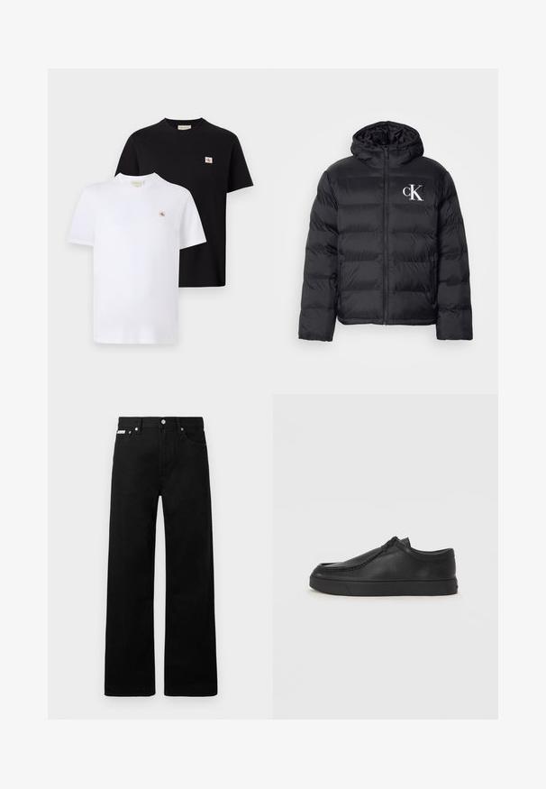 Giacca a sacco nera con zip frontale, cappuccio e logo "CK" bianco. Presenta un design trapuntato e una texture liscia e lucida.; Due magliette a maniche corte in cotone nero e bianco, con un piccolo logo sul petto e un design classico a girocollo.; Pantaloni in denim nero con design a gamba larga, dotati di cinque tasche e hardware in metallo per i bottoni. Texture liscia, senza motivi visibili.; Scarpa slip-on in pelle nera con punta arrotondata, dettagli cuciti e suola in gomma nera. Texture liscia con design minimalista.