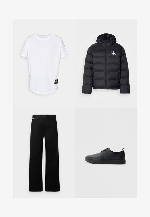 Black puffer jacket with a zip front, hood, and white "CK" logo. Features a quilted design and smooth, shiny texture.; White cotton T-shirt with rolled short sleeves, rounded hem, and a black logo tag featuring "CK" at the bottom left side.; Black denim pants with a wide-leg design, featuring five pockets and metallic button hardware. Smooth texture, no visible patterns.; Black leather sneaker with a smooth finish, rounded toe, tonal stitching, lace-up front, and a flat rubber sole. Loop at the heel.
