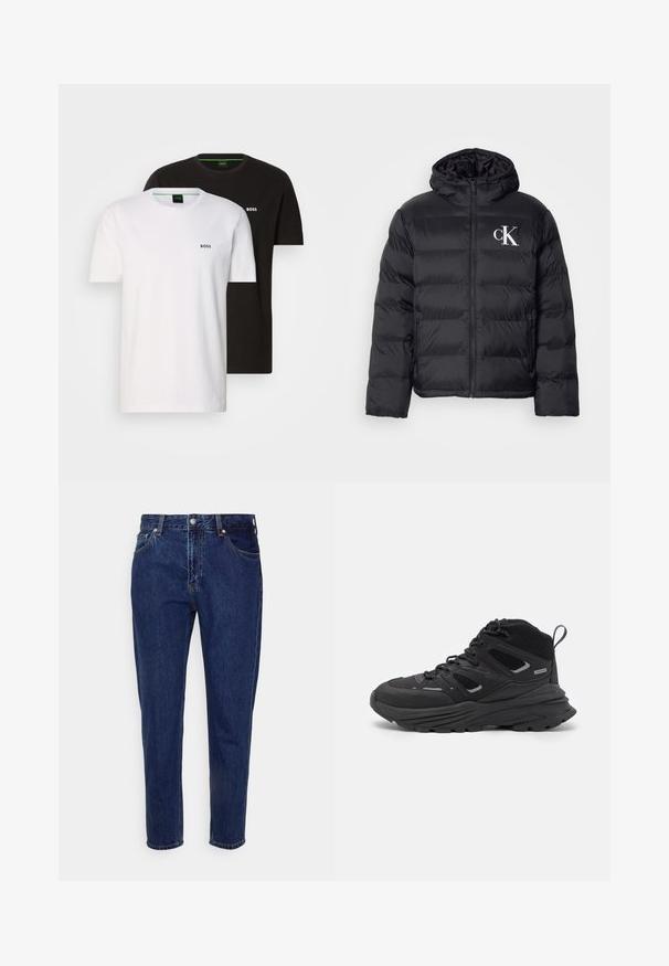 Black puffer jacket with a zip front, hood, and white "CK" logo. Features a quilted design and smooth, shiny texture.; Two cotton t-shirts in black and white, featuring a crew neck and a small logo on the chest. Both have short sleeves and a straight cut.; Dark blue denim jeans with a straight-leg design, five pockets, and a button-fly closure. Features subtle fading and stitch detailing.; Black hiking shoes featuring a layered design, textured fabric, and rubber sole, with reinforced areas and a lace-up front.
