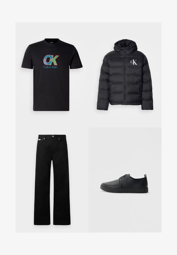 Svart puffjacka med dragkedja framtill, huva och vitt "CK"-logotyp. Har en vadderad design och slät, glänsande yta.; Svart bomull T-shirt med en flerfärgad "OK"-logotyp och texten "Calvin Klein", rund halsringning och korta ärmar.; Svarta denimbyxor med en vid bendesign, som har fem fickor och metallknappar. Slät textur, inga synliga mönster.; Svart lädersneaker med en slät yta, rund tå, tonad sömnad, snörning framtill och en platt gummisula. Ögla vid hälen.
