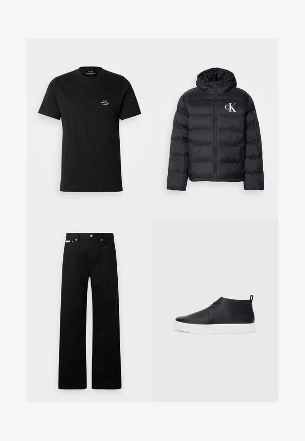 Black puffer jacket with a zip front, hood, and white "CK" logo. Features a quilted design and smooth, shiny texture.; Black cotton t-shirt with short sleeves, crew neck, and a small white logo on the left chest. Smooth texture and classic fit.; Black denim pants with a wide-leg design, featuring five pockets and metallic button hardware. Smooth texture, no visible patterns.; Black leather high-top sneakers with a smooth finish, white rubber sole, and simple lace-up design. Features a pull tab at the back.