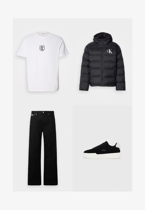Črni puffjakna z zadrgo spredaj, kapuco in belim logotipom "CK". Ima prešito zasnovo in gladko, sijočo teksturo.; Bela bombažna majica s črnimi vezenimi grbom na prsih. Klasičen krojen ovratnik in kratke rokave, brez dodatnih vzorcev.; Črne jeans hlače širokega kroja, z petimi žepi in kovinskimi gumbi. Gladka tekstura, brez vidnih vzorcev.; Črne nizke superge z belim podplatom in petnim trakom, vezalne spredaj, z logotipom Calvin Klein na strani.