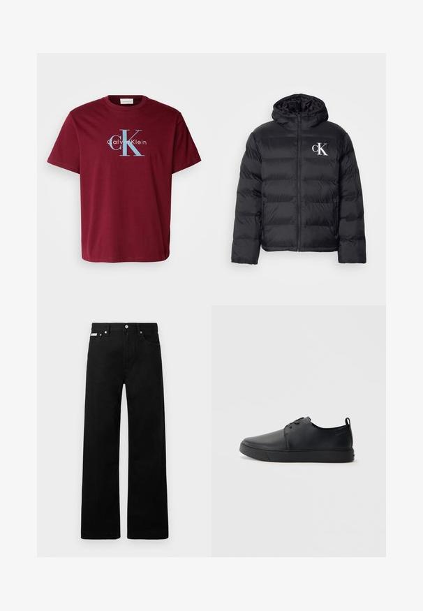 Svart puffjacka med dragkedja framtill, huva och vitt "CK"-logotyp. Har en vadderad design och slät, glänsande yta.; Burgundyröd bomulls T-shirt med en stor vit och blå "CK" logotyp och texten "Calvin Klein", normal passform, korta ärmar och rundad hals.; Svarta denimbyxor med en vid bendesign, som har fem fickor och metallknappar. Slät textur, inga synliga mönster.; Svart lädersneaker med en slät yta, rund tå, tonad sömnad, snörning framtill och en platt gummisula. Ögla vid hälen.
