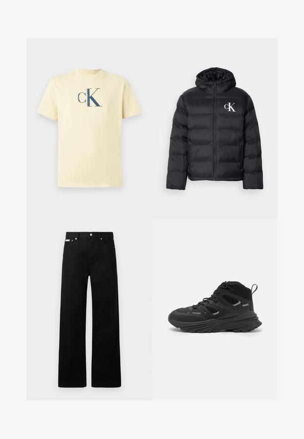 Mustat untuvatakki, jossa on vetoketjullinen etuosa, huppu ja valkoinen "CK"-logo. Takissa on tilkkutäkkikuvio ja sileä, kiiltävä pinta.; Vaaleankeltainen puuvillapaita, jossa on keskellä rintaa tummansininen "ck"-logo ja pyöreä kaula-aukko sekä lyhyet hihat.; Mustat farkut leveällä lahkeella, joissa on viisi taskua ja metalliset napit. Sileä pinta, ei näkyviä kuvioita.; Mustia vaeltajakenkiä, joissa on kerroksellinen muotoilu, teksturoitu kangas ja kumipohja. Kenkien vahvistettuja alueita ja nauhakiinnitys edessä.