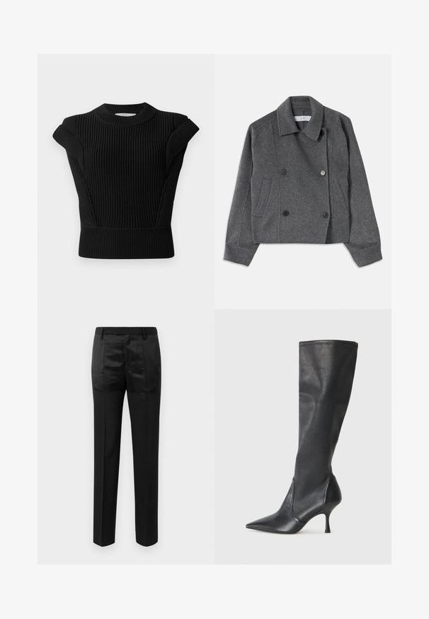 Hall halli, topelt rindadega villane jakk, millel on nurgeline krae, kaks esist taskut ja mustad nupud. Pehme tekstuur ja lühike disain.; Must black ribaga kootud sviiter lühikeste varrukatega ja ümmargune kaelus. Omab kehaümberpaigutavat siluetti ja tekstureeritud kangast.; Mustad ülikondpüksid sirgete jalgadega ja vöökoht, millel on vööaasad, koos mattide ja läikivate kangaste paneelidega.; Knee-high mustad nahksaapad terava nina ja kitsaste stiilsete kontsadega. Sile tekstuur sobiva disainiga ja õmblused ülemisel serval.