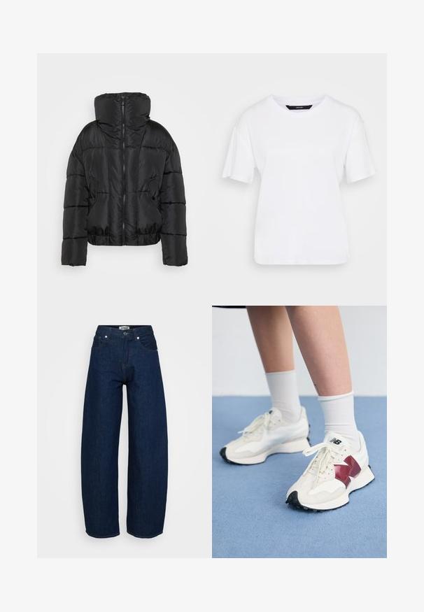 Casaco puffer preto com colarinho alto, fecho éclair e dois bolsos frontais. Apresenta uma silhueta cropped e um design acolchoado.; T-shirt branco de manga curta feito de algodão. Apresenta um decote redondo e um corte descontraído, com um design simples e sem padrões ou acentos visíveis.; Jeans de perna larga em denim azul escuro. Apresenta fecho com botão, cinco bolsos e costura visível. Textura suave com um ajuste descontraído.; Par de tênis brancos com detalhes em bordô, painéis texturizados, sola preta lisa e atacadores claros, usados com meias brancas até ao tornozelo.