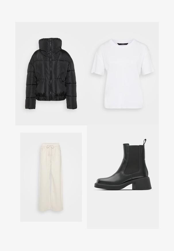 Casaco puffer preto com colarinho alto, fecho éclair e dois bolsos frontais. Apresenta uma silhueta cropped e um design acolchoado.; T-shirt branco de manga curta feito de algodão. Apresenta um decote redondo e um corte descontraído, com um design simples e sem padrões ou acentos visíveis.; Calças largas de cor creme, feitas de um tecido suave, com um cós elástico e cordão. Apresenta dois bolsos laterais.; Botas de tornozelo em couro preto com painéis laterais elásticos, biqueira arredondada e salto robusto em bloco. Textura suave com um design minimalista.