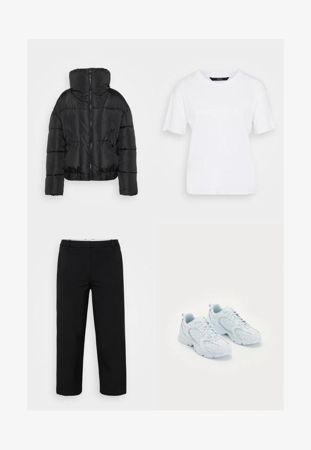 Giubbotto imbottito nero con colletto alto, chiusura a zip e due tasche frontali. Caratterizzato da una silhouette cropped e un design trapuntato.; T-shirt bianco a maniche corte realizzato in cotone. Presenta un girocollo e una vestibilità rilassata, con un design semplice e senza motivi o accenti visibili.; Pantaloni neri con taglio dritto, caratterizzati da una texture liscia, due tasche laterali e una cintura con passanti. Nessun sistema di chiusura visibile.; Scarpe da ginnastica di colore azzurro chiaro con una tomaia in rete e sintetico, caratterizzate da pois bianchi e dettagli riflettenti, design con lacci e suole imbottite.