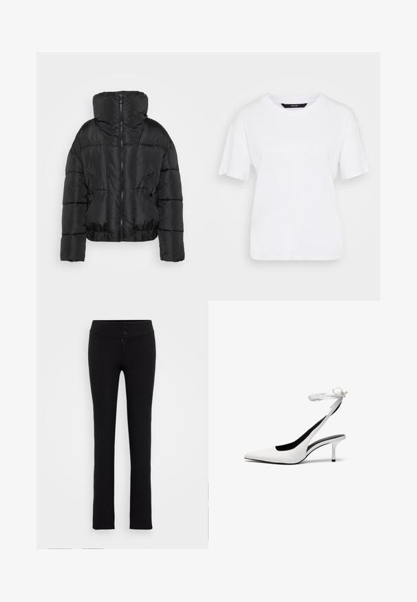 Black puffer jacket with a high collar, zip closure, and two front pockets. Features a cropped silhouette and quilted design.; White short-sleeve t-shirt made of cotton. Features a round neckline and relaxed fit, with simple design and no visible patterns or accents.; Gina Tricot Tall LOW STRAIGHT TROUSERS - Trousers - black; White pointed-toe slingback heels with a thin ankle strap. Smooth leather material, thin stiletto heel, and a black interior lining.