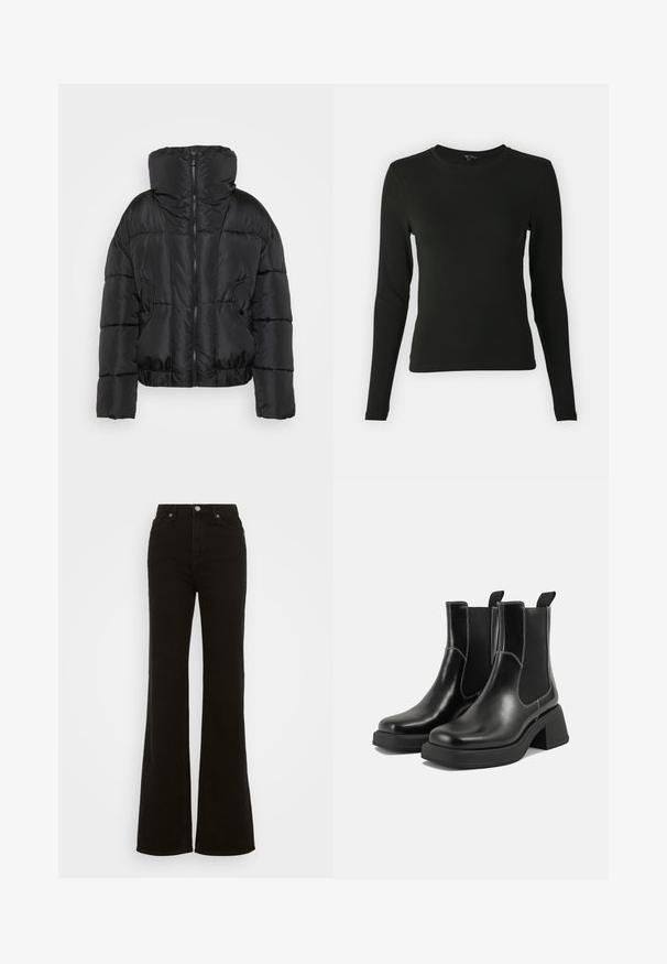 Crna pufasta jakna s visokim ovratnikom, zatvaranjem na munju i dva prednja džepa. Ima skraćeni siluetu i quilted dizajn.; Crna majica dugih rukava izrađena od glatkog materijala, s okruglim izrezom i prilagođenim oblikom, bez vidljivih uzoraka ili ukrasa.; Visoke crne široke traperice od denima, sa zakopčavanjem na dugme, bočnim džepovima i glatkom teksturom.; Crne kožne Chelsea čizme s debelim potplatom, elastičnim bočnim panelima i kontrastnim bijelim šavovima. Teksturirana površina.