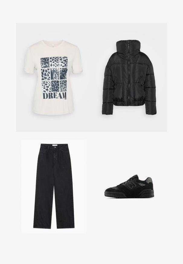 Zwarte pufferjas met een hoge kraag, ritssluiting en twee voorzakken. Heeft een cropped silhouet en een gestikt ontwerp.; Crème-kleurige katoenen T-shirt met korte mouwen, met een grafisch ontwerp van negen vierkanten in luipaardprint en het woord "DREAM" in vetgedrukte zwarte letters.; Zwarte high-waisted spijkerbroek met wijde pijpen, frontknopen en ritssluiting, ceintuurlussen en een vijf-pocket stijl.; Zwarte low-top sneaker met een gestructureerde zool, vetersluiting, suède panelen en een patroonaccent op de hiel en het zijlogo.