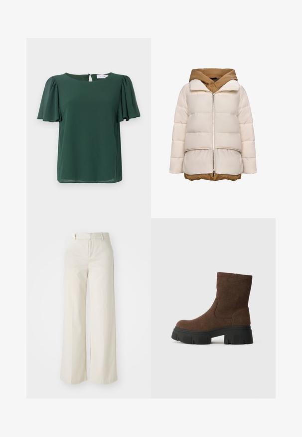 Polstret jakke i creme og brun, med lynlås foran, hætte og en boxy silhuet med quiltede sektioner for tekstur.; Grøn, kortærmet bluse med rund halsudskæring og en nøglehulldetalje på ryggen. Lavet af letvægts, glat stof med et svævende design.; Bredde ben-bukser i en lys beige farve, lavet af et glat stof. Har en klassisk talje og flad front med rene linjer.; Brune ruskind ankelstøvler med en tekstureret overflade, rund tå og en kraftig sort gummisål med mønster.