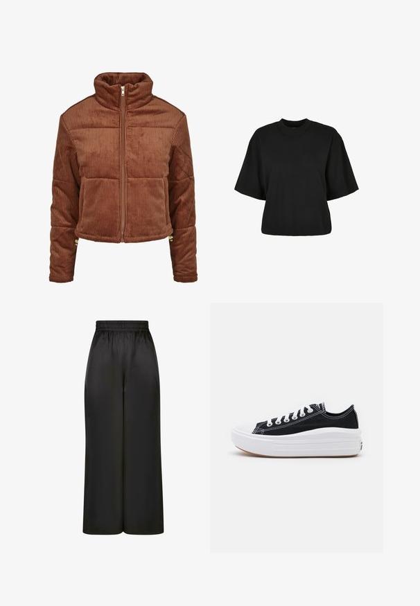 Pruunist karedast puuvillast jakk kõrge kraega, ees lukuga ja volüümika disainiga. Omab vertikaalset soonikut ja aktsentmetallist detaile varrukatel.; Must terav t-särk, mis on valmistatud puuvillast. Omab lühikesi varrukaid ja ümmargust kaelust. Sile tekstuur ja lihtne disain, ilma täiendavate mustriteta.; Mustad laiad püksid, mis on valmistatud siledast, läikivast kangast, millel on elastne vöökoht ja ilma nähtavate taskute või riistvara detailideta.; Mustad mustad kingad valgete paeltega, valge kummist varbakattega ja paksu valge vaheosaga. Omab diskreetset valget õmblust ja kummi talla.