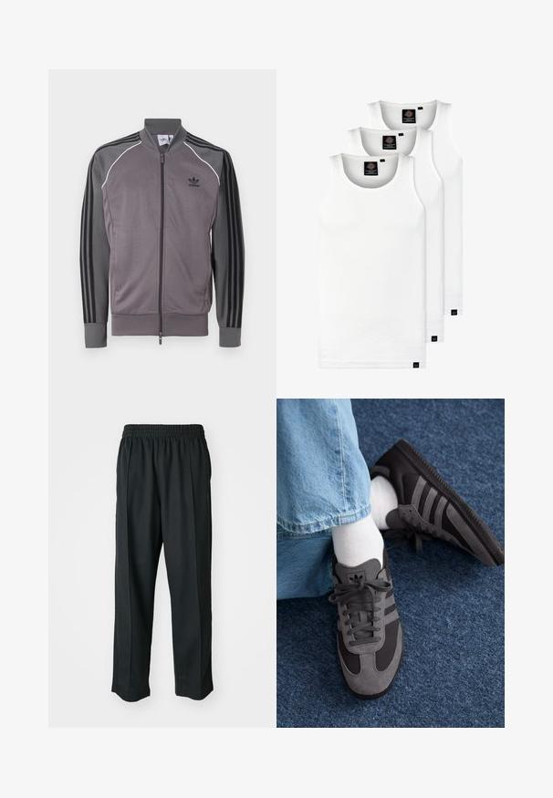 Hallidehallid hall spordijakk, mis on varustatud lukuga esiküljel, musta kolme triibuga disainiga varrukatel, ribidega mansetid ja krae. Omab valget äärist õmbluste ääres.; Kolm valget ribaga t-särki, mis on valmistatud puuvillast. Omavad ümmargust kaelanõhku ja väikseid musti silte hemme lähedal. Saadaval erinevates suurustes.; Mustad mustasport püksid elastse vöökoha ja sileda kangaga, millel on tagasihoidlik külgõmblus ning lõdvestatud lõige, sirge jala disain.; adidas Originals SAMBA OG - Tossud - core black/grey six