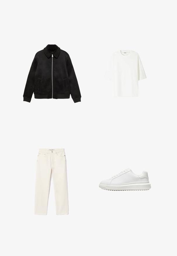 Černá bomber bunda z semiše s plyšovým límcem, zapínáním na zip, bočními kapsami a žebrovanými manžetami a lemem. Hladká textura, minimalistický design.; Bílá tričko s krátkým rukávem vyrobené z bavlny, se skládaným výstřihem a uvolněným střihem s rovním lemem.; Krémové džíny s rovnýma nohama, které mají dvě přední kapsy, zapínání na knoflík a jemné značení poblíž pasu.; Bílé tenisky s hladkým syntetickým svrškem, kulatou špičkou, plochými tkaničkami, texturovanou podrážkou a vrstveným designem platformy pro zvýšení výšky.