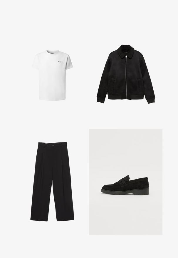 Schwarze Bomberjacke aus Wildleder mit einem weichen Kragen, Reißverschluss, Seitentaschen sowie gerippten Bündchen und Saum. Glatte Textur, minimalistisches Design.; Weißes Baumwoll-T-Shirt mit Rundhalsausschnitt, kurzen Ärmeln und einem kleinen schwarzen Logo auf der linken Brust. Glatte Textur, normale Passform.; Schwarze weit geschnittene Hose aus glattem Stoff, mit flachem Taillenbund, vorderen Falten und einer einzigen Knopfverschlus.; Schwarze Wildleder-Slipper mit niedrigem Absatz, ausgestattet mit einem einfachen Band über dem Obermaterial und texturierten Details an den Seiten.