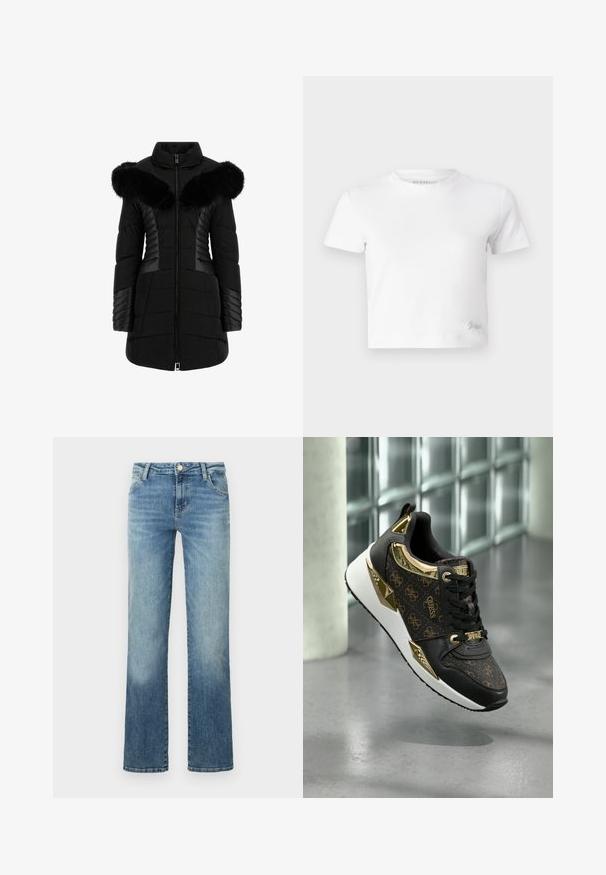 Črna puhovka z umetnim krznom na ovratniku, prešita tekstura, sprednji zadrga in kontrastni paneli na rokavih in straneh.; Bela skrajšana majica iz gladkega bombaža, z visokim ovratnikom in kratkimi rokavi. Majhen vezen logotip v spodnjem kotu.; Svijetloplave ravne traperice izrađene od denima, s dizajnom od pet džepova i kopčanjem na dugme, s minimalnim istrošenjem.; Črne superge z zlatimi poudarki, ki imajo teksturiran vzorec logotipa, kovinske detajle in udoben bel podplat.
