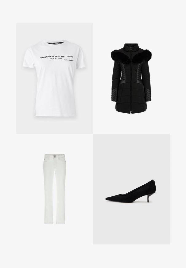 Čierny nafúknutý kabát s umelou kožušinou na golieri, prešívaná textúra, predný zips a kontrastné panelové detaily na rukávoch a stranách.; Biela bavlnená tričko s krátkymi rukávmi, s čiernym potlačeným textom, citátom na prednej strane a označenou štítkom na krku s nápisom 'KARL LAGERFELD.'; Biele džínsy so slim fit strihom, 5 vreckami a kontrastným prešívaním. Obsahujú zapínanie na gombík a nenápadnú značkovú etiketu na páse.; Čierne semišové lodičky s špicatou špičkou a úzkym, nízkym opätkom. Hladká textura s elegantným dizajnom, bez viditeľných kovových súčiastok.