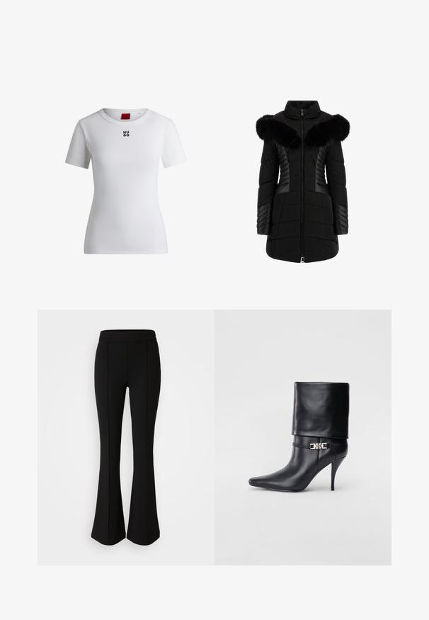 Abrigo de plumas negro con cuello de piel sintética, textura acolchada, cremallera frontal y detalles de panel contrastantes en las mangas y los costados.; Camiseta de algodón blanca con escote redondo y mangas cortas. Presenta un pequeño logo negro "HUGO" en el pecho. Textura suave.; Pantalones de campana negros hechos de un material elástico con una textura suave, que presentan detalles de costura en la parte frontal para un diseño adicional.; Botín de cuero negro hasta el tobillo con punta afilada, tacón alto de aguja, puño doblado y un detalle decorativo de hebilla dorada en el tobillo.