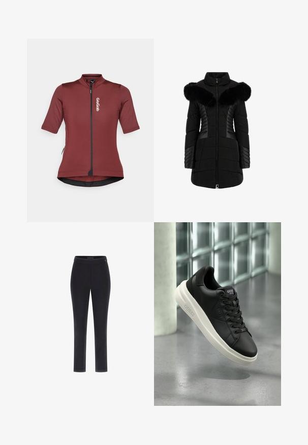 Svart puffjacka med fuskpälskrage, quiltad textur, framdragkedja och kontrasterande paneldetaljer på ärmar och sidor.; Kortärmad cykeltröja i djup mörkröd färg, med dragkedja fram, logodetalj och en figurnära design med rundad nederkant.; Svarta figurnära byxor med slät textur, rak bendesign och bred midja. Har en liten logotyp på midjan.; Svart lågtopp Guess sneakers med vit sula, snören och branding på sidan och tungan, uppställd mot en vägg av glasblock.