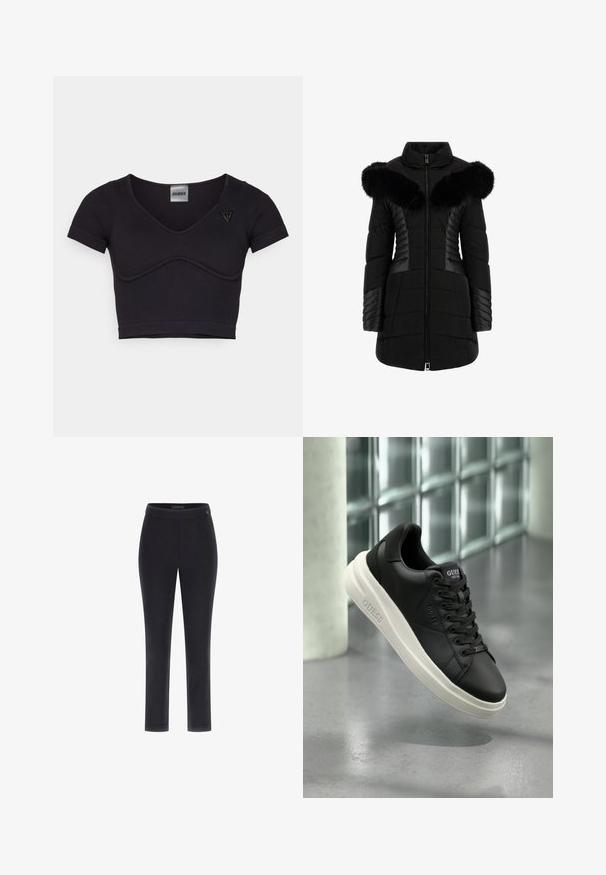Melnā pūkurpaltoja jaka ar mākslīgo kažokādu apkakli, quilted rakstu, priekšējo rāvējslēdzēju un kontrastējošām paneļu detaļām uz piedurknēm un sāniem.; Melns ribots krūšturis ar īsām piedurknēm, V veida kakla izgriezums un izliekta šuvju detaļa. Izceltas mazs trīsstūrveida logotips kreisajā plecā.; Melnas pieguļošas bikses ar gludu tekstūru, taisnas kājas dizainu un platu jostasvietu. Satur mazu logo uz jostasvietas.; Melnas Guess zema augstuma sporta kurpes ar baltu zoli, šņorēm un zīmolu malā un mēlē, izstādītas pret stikla bloku sienas fonu.