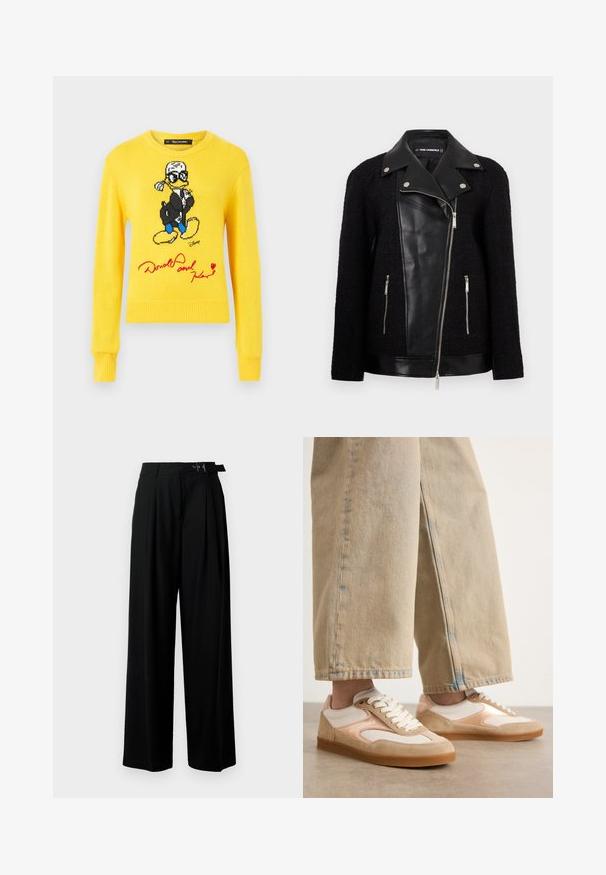 Casaco preto com um painel frontal e colarinho em couro, mangas de um tecido texturizado e trançado, bolsos com zíper e detalhes metálicos.; Suéter amarelo de malha com o Pato Donald a usar uma jaqueta preta, sapatos azuis e detalhe em assinatura vermelha. Decote redondo e punhos canelados.; Calças largas pretas de cintura alta, com pregas à frente e um cinto com fivela. Feitas de um tecido liso e leve.; Tênis em tons de bege e creme com um design em camurça e malha, apresentando um fecho com atacadores e solas de borracha, combinados com jeans amplos em tom de bege.