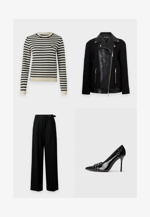 Schwarze Jacke mit einem Leder-Frontpanel und Kragen, Ärmeln aus strukturiertem gewebtem Stoff, Reißverschlusstaschen und metallischen Akzenten.; Gestreifter Pullover in Creme und Schwarz, gerippter Rundhals, lange Ärmel, taillierte Passform, mit einem kleinen Logo-Patch auf der Brust.; Schwarze weit geschnittene Hosen mit hoher Taille, Falten an der Vorderseite und einem Gürtel mit Schnalle. Hergestellt aus glattem, leichtem Stoff.; Schwarzer Lackleder-Pumps mit spitzem Zeh, drei dekorativen Riemen mit Nieten und "Karl Lagerfeld"-Markierung auf dem Absatz.