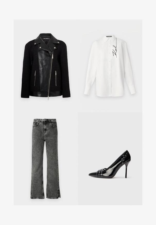 Mustükkile järjehoidev jope, millel on nahast esipaneel ja krae, tekstuuriga kootud riidest varrukad, lukuga taskud ja metallist aktsendid.; Valge pika varrukaga puuvillane särk, millel on ees tasku ja vasakul pool must brodeeritud allkiri. Klassikalise kraega ja nööpidega kinnituv.; Mustad flared teksapüksid pleekinud pesuga, kõrge vöökoht ja külje lõhenemised alläärtes. Valmistatud denimist, millel on sile tekstuur ja klassikaline viie tasku disain.; Mustan patendiga kõrge kontsaga king, terava varbaga, kolme dekoratiivse rihma ja naeltega ning "Karl Lagerfeld" brändimisega kontsal.