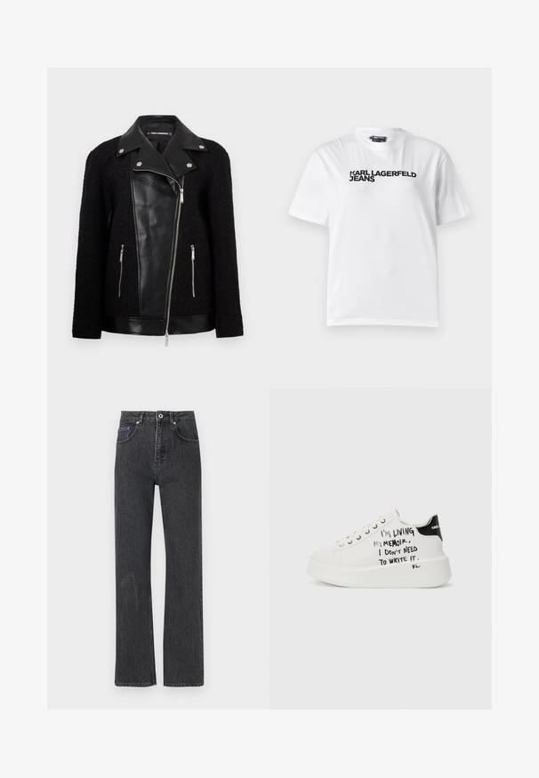 Casaco preto com um painel frontal e colarinho em couro, mangas de um tecido texturizado e trançado, bolsos com zíper e detalhes metálicos.; T-shirt de algodão branco com gola redonda, mangas curtas, e texto impresso em preto a dizer "KARL LAGERFELD JEANS" no peito.; Jeans pretos de perna reta feitos de denims, com uma cintura alta, cinco bolsos, costura tonal e uma ligeira textura desgastada na frente.; Sapatilhas plataforma brancas com detalhes pretos, apresentando uma sola texturizada e texto manuscrito nas laterais. Material de couro suave.