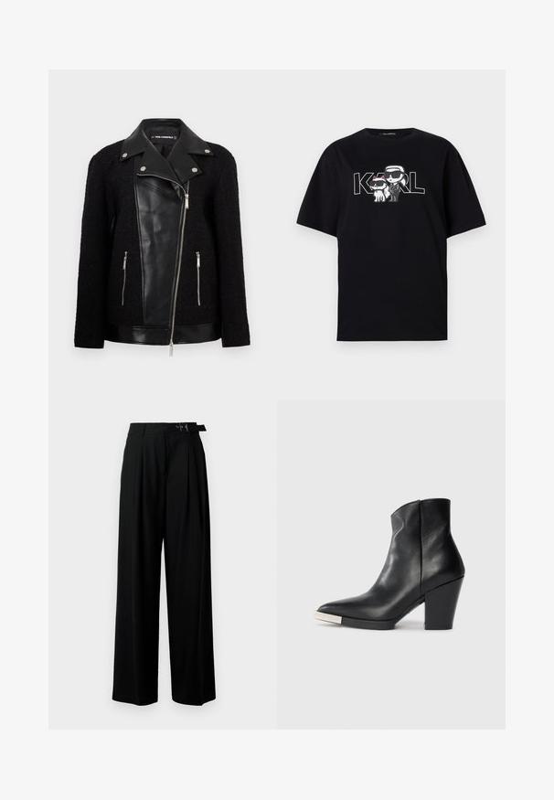 Black jacket with a leather front panel and collar, textured woven fabric sleeves, zippered pockets, and metallic accents.; Black cotton t-shirt featuring a graphic print of two cartoon figures with sunglasses, accompanied by the text "KARL" in bold letters.; Black wide-leg trousers with a high waist, pleats at the front, and a belt featuring a buckle. Made from smooth, lightweight fabric.; Black leather ankle boot with a pointed toe, high block heel, and silver toe cap detail. Smooth texture and simple design.