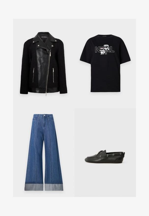 Juodas švarkas su odiniu priekinio skydelio ir apykaklės, tekstūruotomis megztomis rankovėmis, užtraukiamomis kišenėmis ir metaliniais akcentais.; Juodas medvilnės marškinėliai su grafiniu spausdinimu, vaizduojančiu du šmaikščius veikėjus akinių nuo saulės, lydimus teksto "KARL" storomis raidėmis.; Plati kojos džinsai vidutinio mėlynumo džinsinio audinio, su aukšta juosmens linija, dviem priekinėmis kišenėmis ir kontrastingu šviesesnio džinsinio audinio užlenkimu apačioje.; Juoda oda laivų avalynė su apvaliu pirštu, raištelių priekiniu užsegimu, metalinėmis skylutėmis ir plokščiu padu. Yra nedidelis užvalkalas gale.