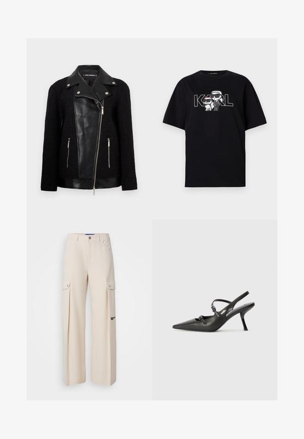 Crna jakna s prednjim panelom i ovratnikom od kože, rukavima od teksturiranog tkanja, džepovima na munje i metalnim detaljima.; Crni pamučni majica s grafičkim printom dviju karikatura s naočalama, uz tekst "KARL" ispisan velikim slovima.; Karl Lagerfeld Jeans PLEATED CARGO - Cargo hlače - whitecap gray; Crne kožne štikle sa otvorenom petom, s uskim vrhom i dekorativnom kopčom na gornjem dijelu. Glatka tekstura i elegantan dizajn.